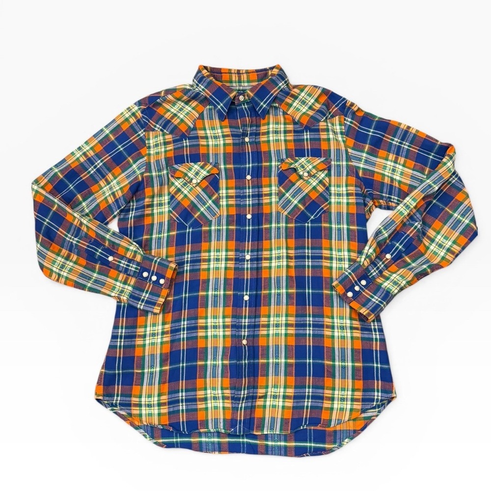 Polo Ralph Lauren‎ Mens Blue Orange Plaid Flannel Pearl Snap Western Shirt Large